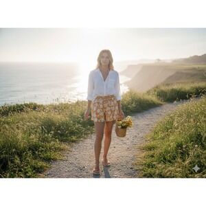 BRIGGS Linen Blend Shorts M Mustard Yellow Floral Boho Coastal Grandmother Smock